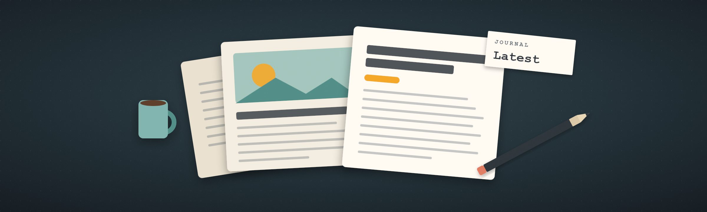 Illustration of stacked article pages and a pencil